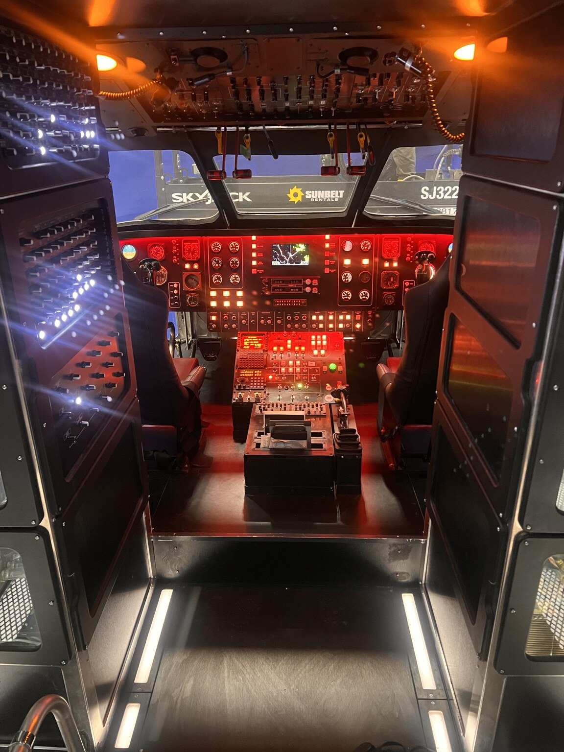 Cockpit interior illuminated in red