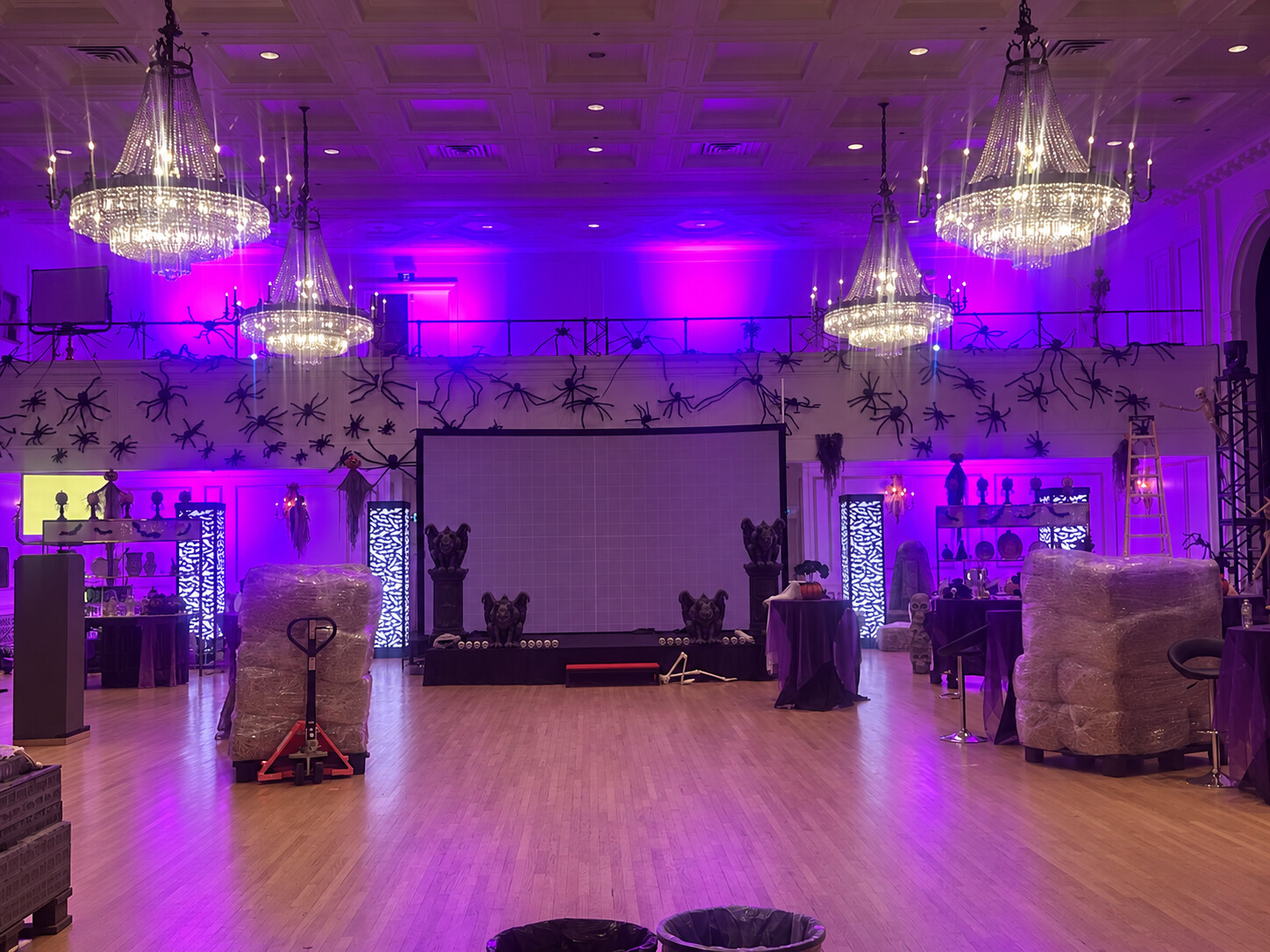 Chandelier set illuminated in purple and magenta