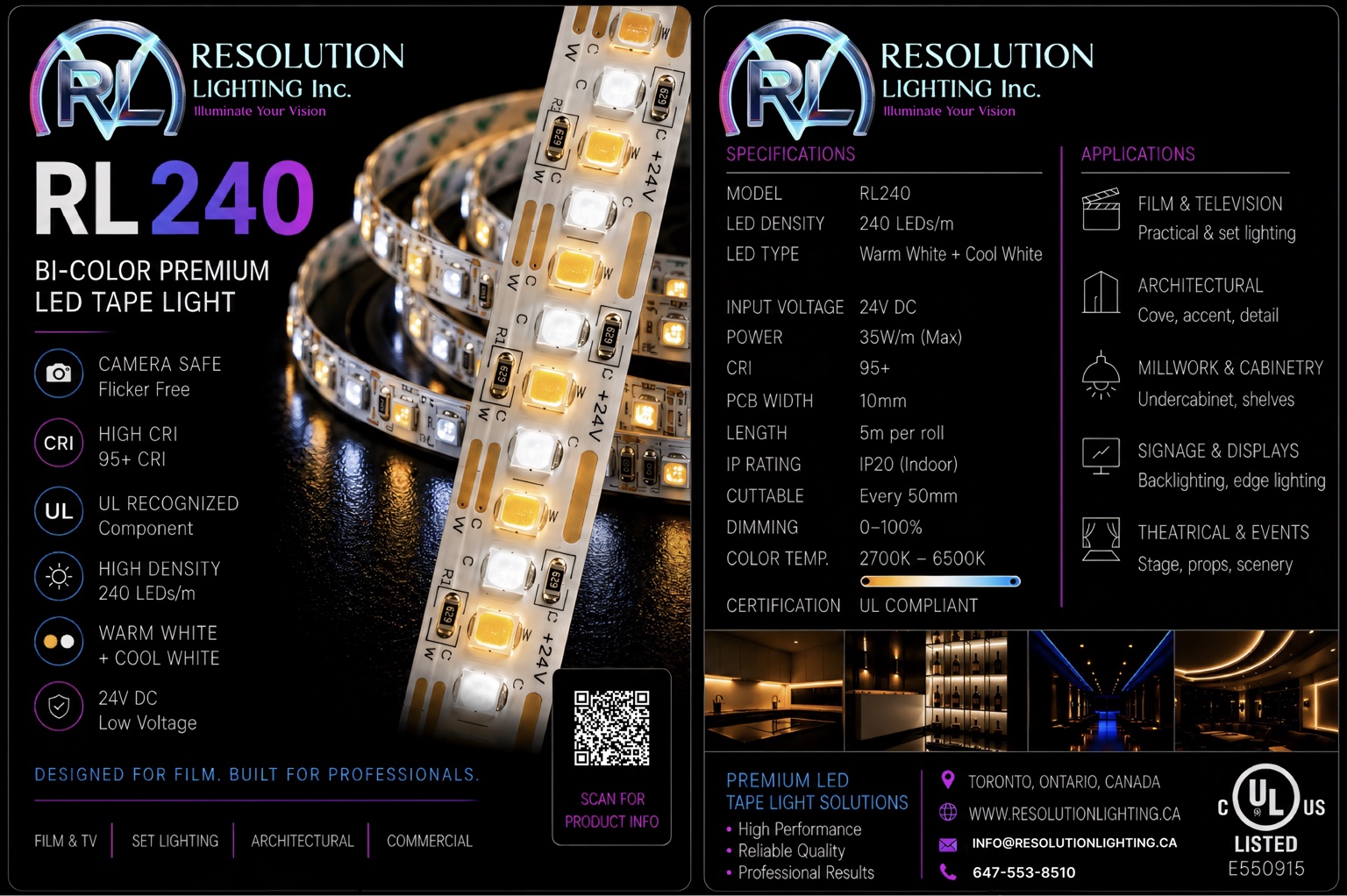 RL240 bi-colour premium LED tape light product card